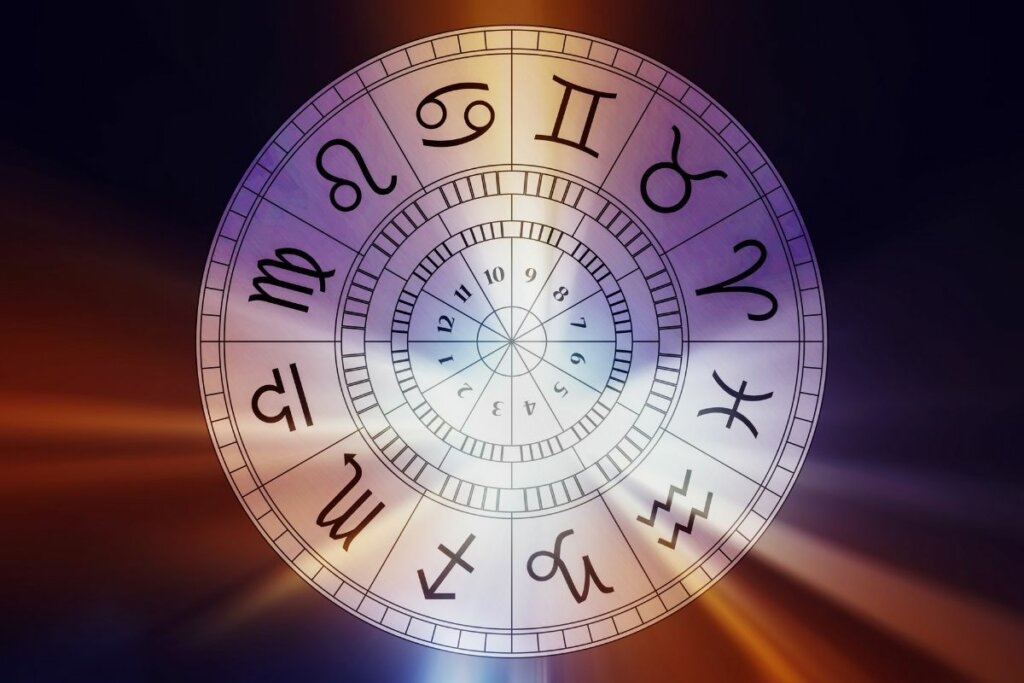 Ilustração de um circulo com os doze signos do zodíaco em um fundo colorido