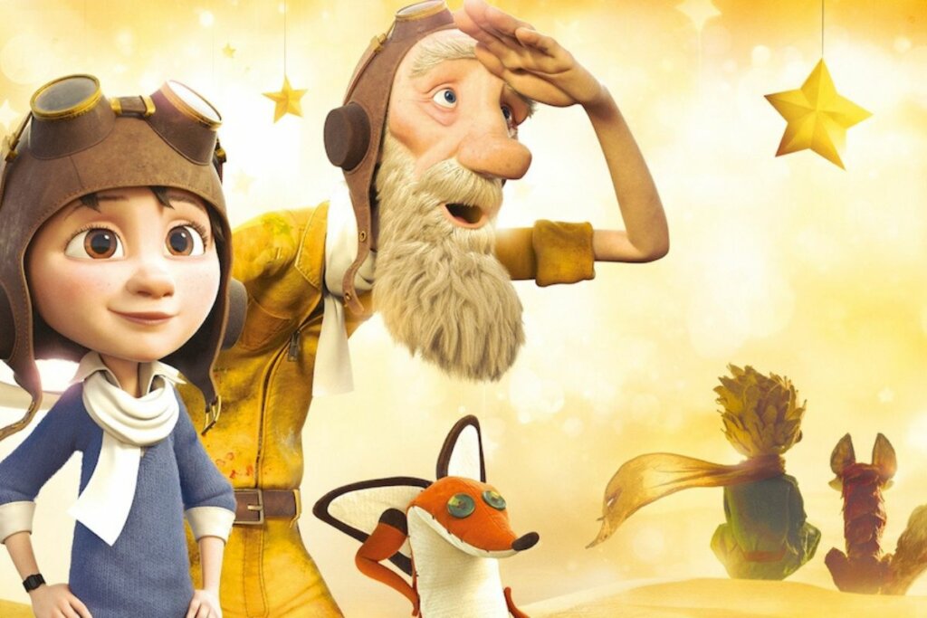 Capa do filme "O Pequeno Príncipe" com a ilustração de um homem de meia-idade, uma menina e uma raposa