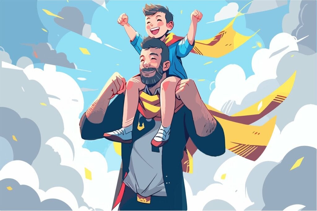 Ilustração de um homem vestindo uma capa de herói com um menino feliz em cima dos seus ombros