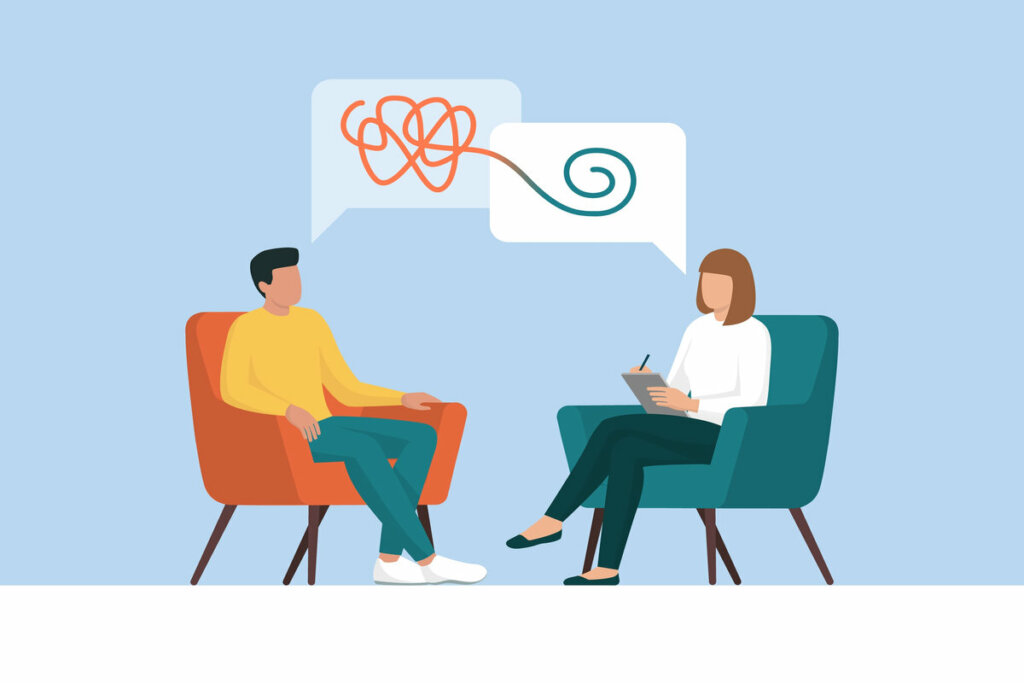 Ilustração de um paciente sentado conversando com uma psicóloga 