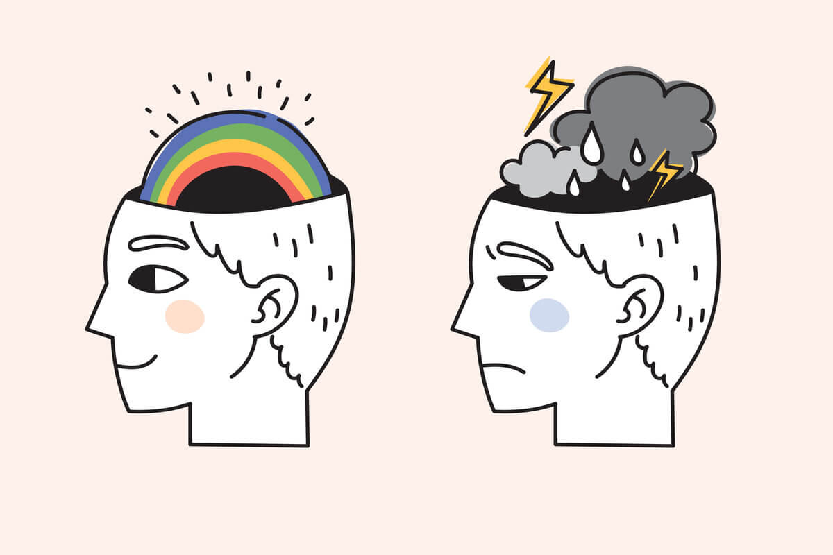 Ilustração de duas cabeças, uma preenchida com arco-íris para simbolizar bem-estar e a outra com nuvens e trovões, contextualizando o sofrimento mental.