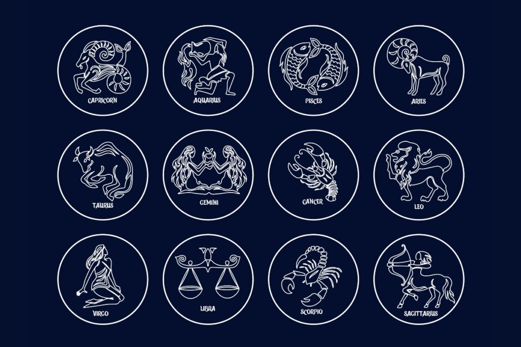 Ilustração dos doze signos em um fundo azul escuro