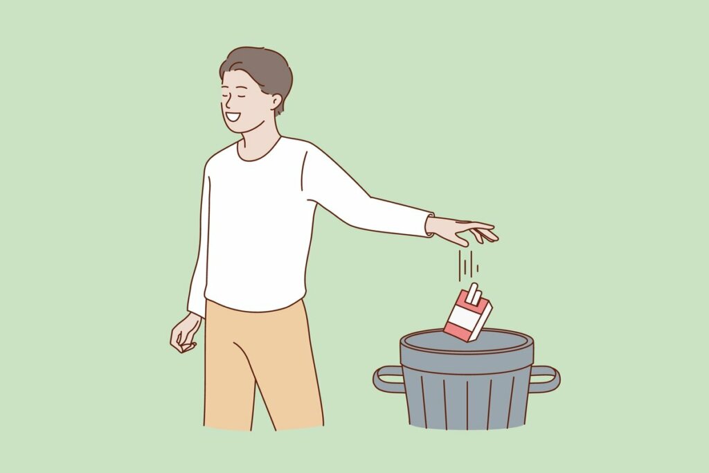 Ilustração de um homem jogando uma cartela de cigarro no lixo