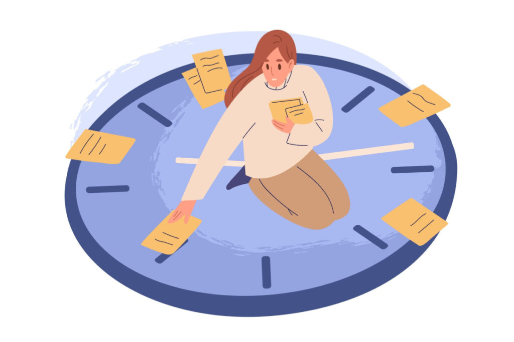 Ilustração de mulher colocando folhas com tarefas em horários de relógio