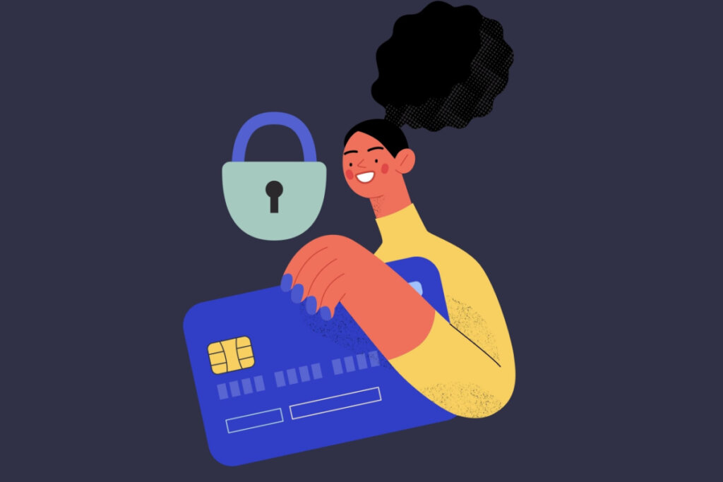 Ilustração de uma mulher com cartão de crédito e um cadeado sinalizando "bloqueio"