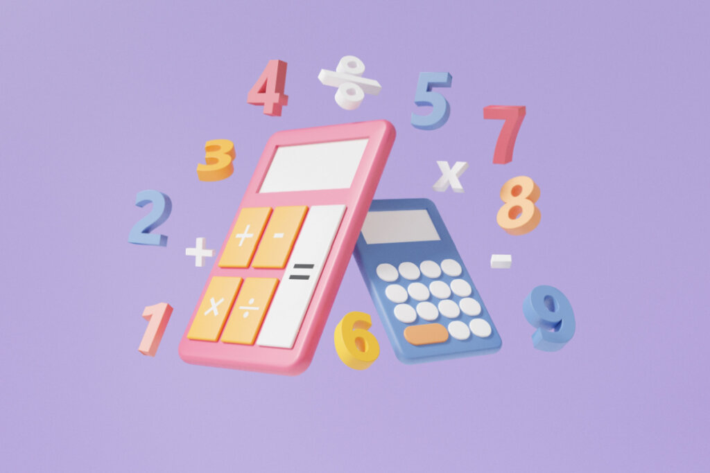 Ilustração de uma calculadora e de símbolos básicos de operação matemática