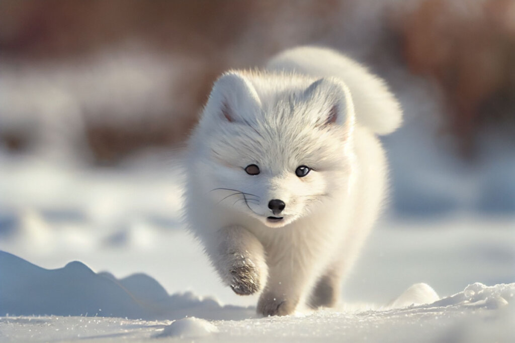 Filhote de raposa-do-ártico correndo no meio da neve