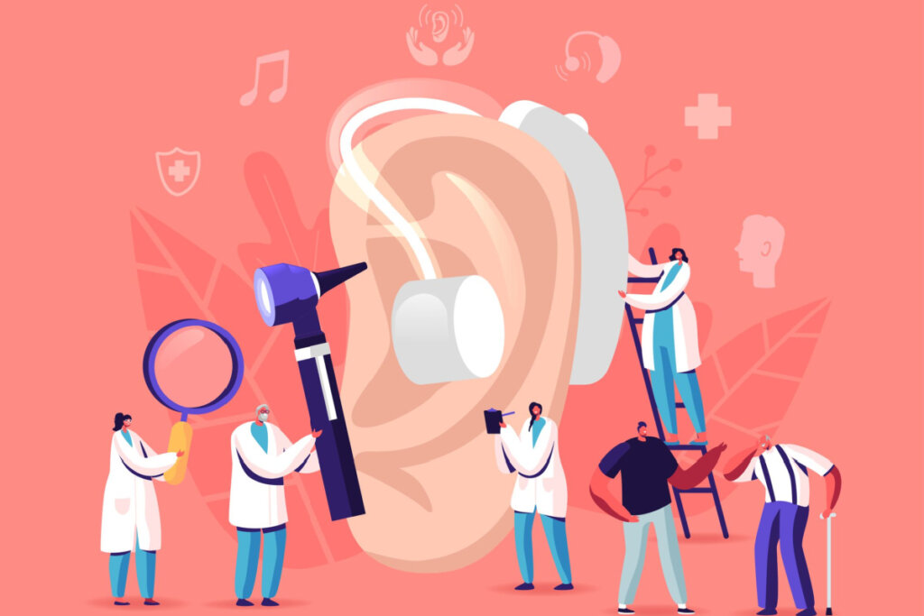 Ilustração de médicos ao redor de uma orelha com aparelho auditivo