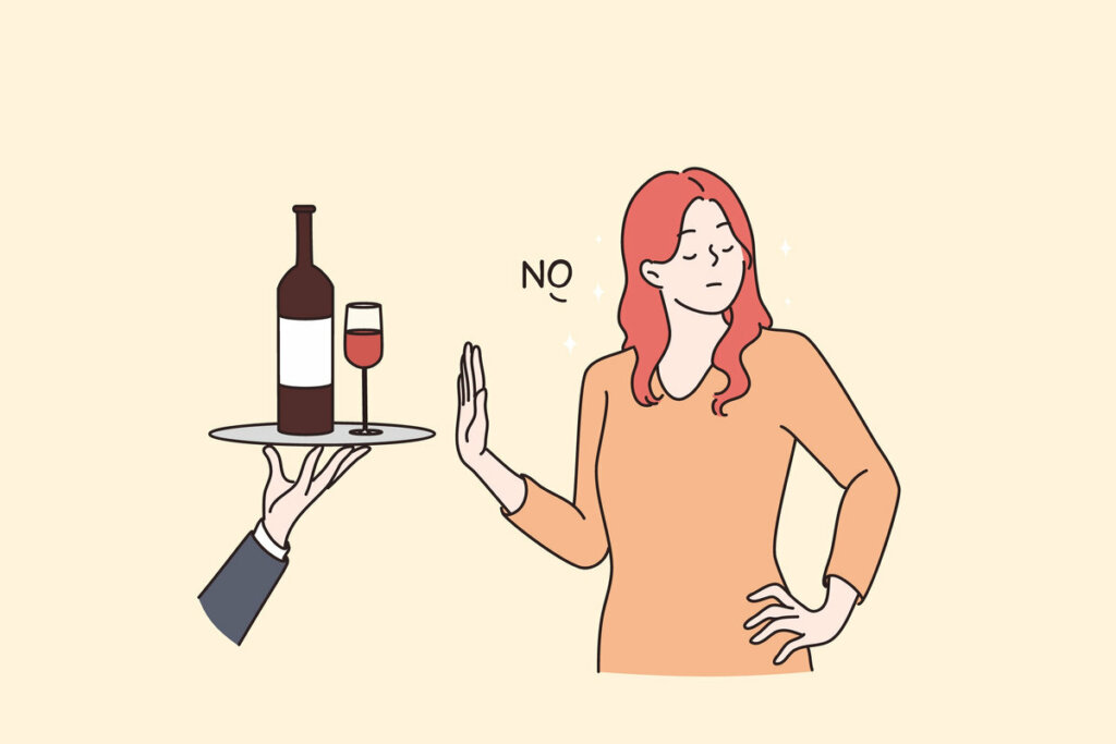 Ilustração de uma mulher recusando uma taça de vinho 