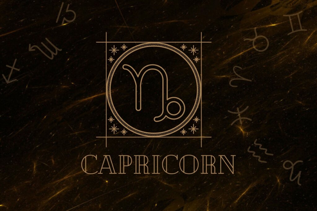 Ilustração do signo de Capricórnio em um fundo marrom com estrelas