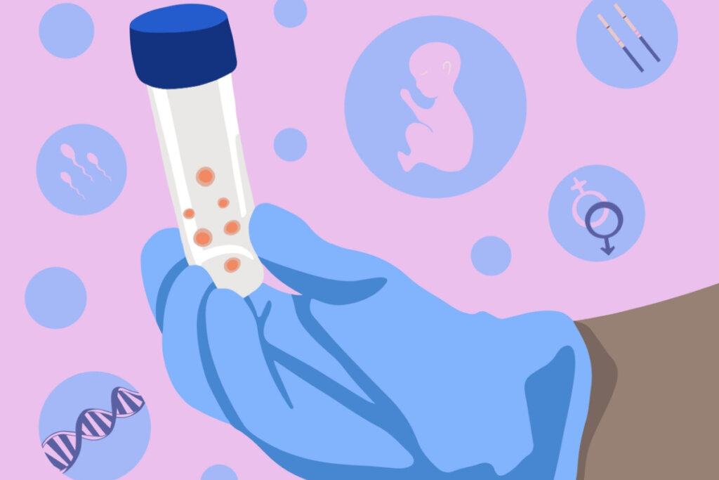 Ilustração de congelamento de óvulos com símbolos visuais de teste de gravidez, bebê, DNA