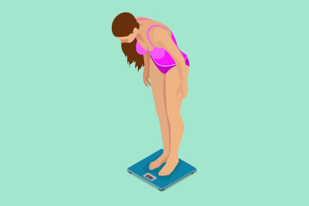 Ilustração de uma mulher com maiô rosa em cima de uma balança azul medindo o seu peso corporal