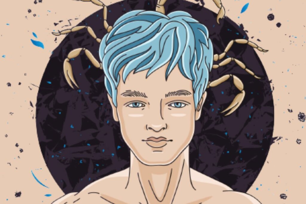 Ilustração de um homem com olho e cabelo azul com as garras de um escorpião na cabeça