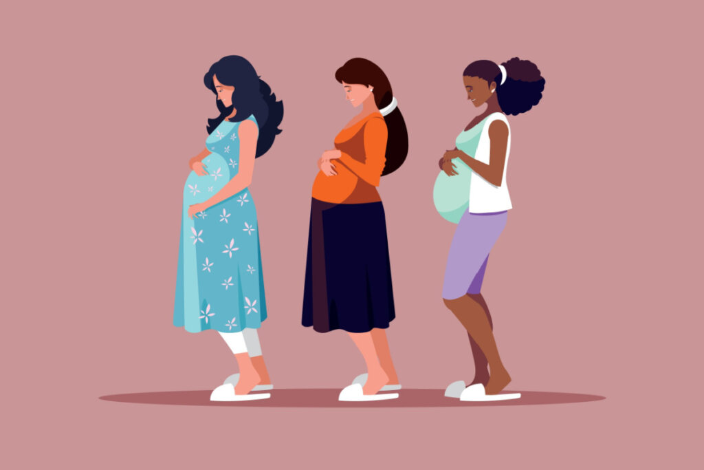 Ilustração de três mulheres grávidas