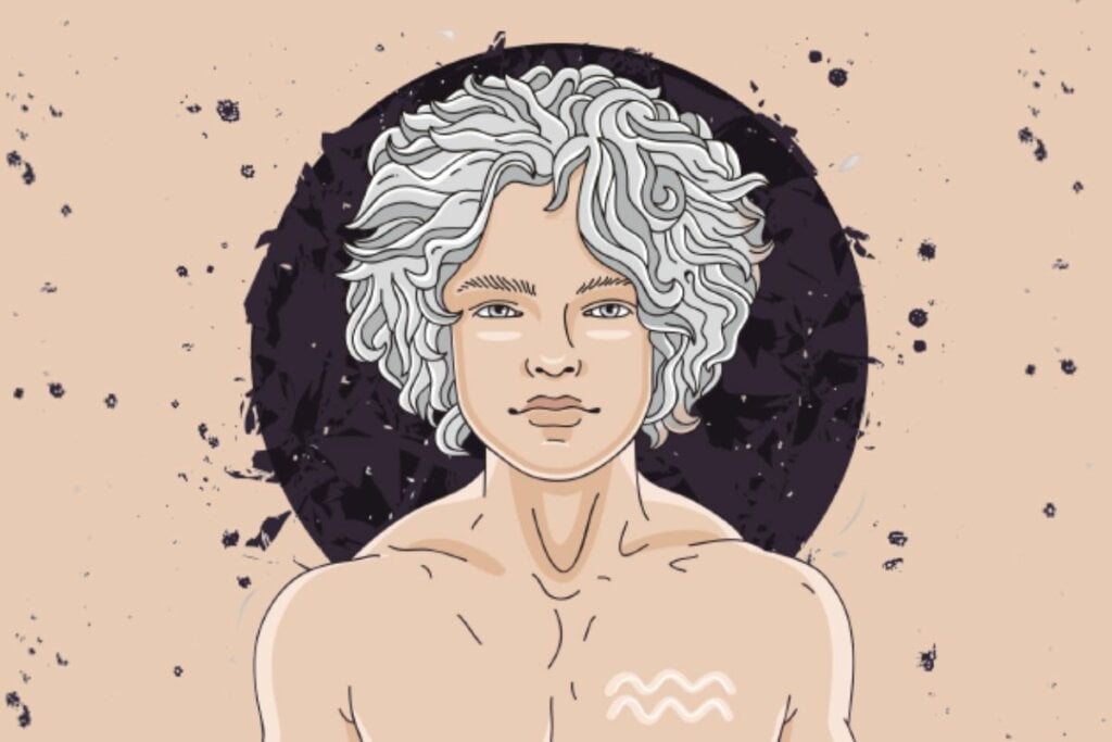 Ilustração de um homem com cabelo branco com o símbolo do signo de Aquário no peito