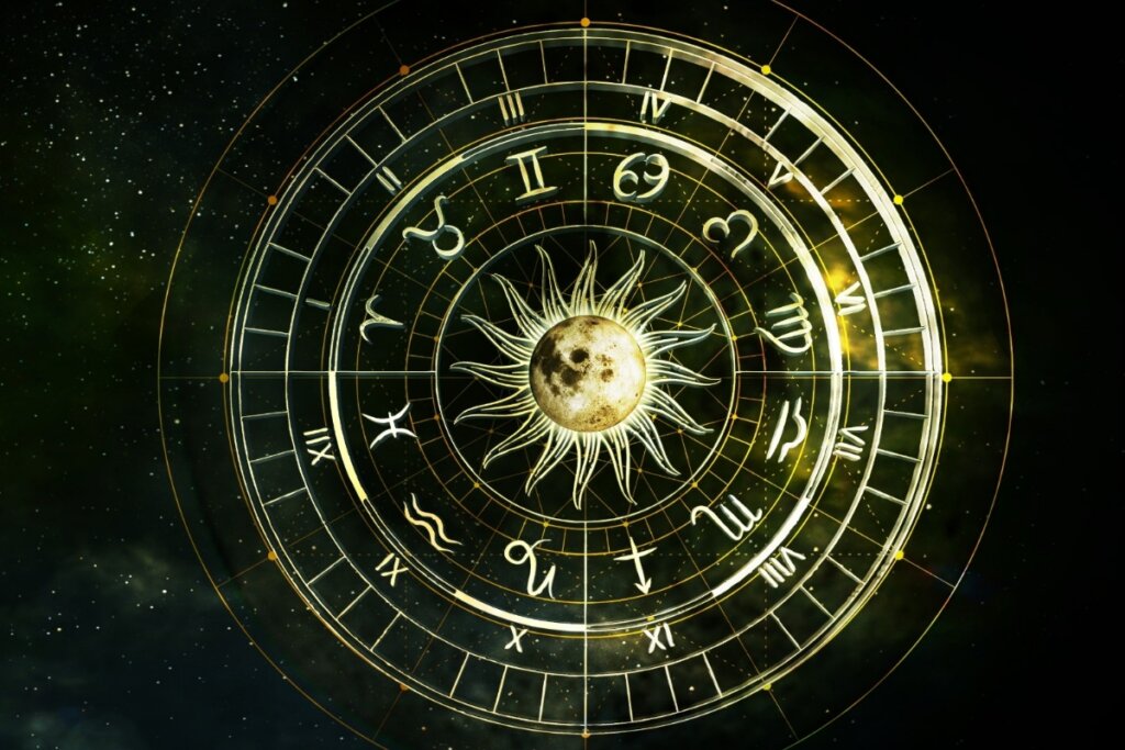 Ilustração de um círculo dourado com os doze signos do zodíaco dentro dele
