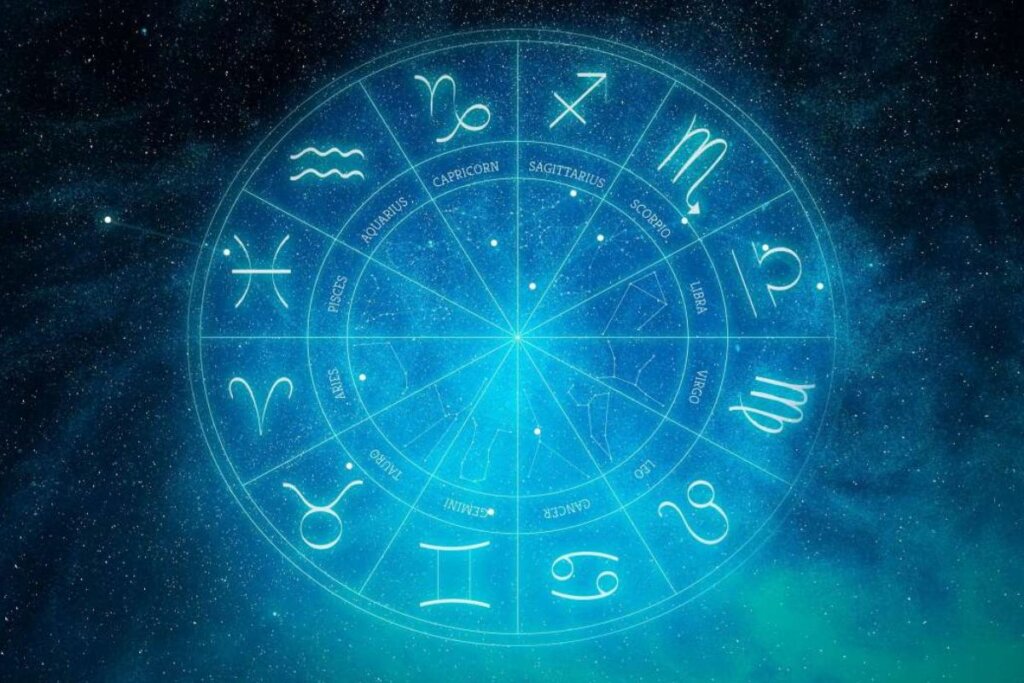Ilustração dos doze signos do zodíaco dentro de um circulo com o fundo de um céu estrelado azul