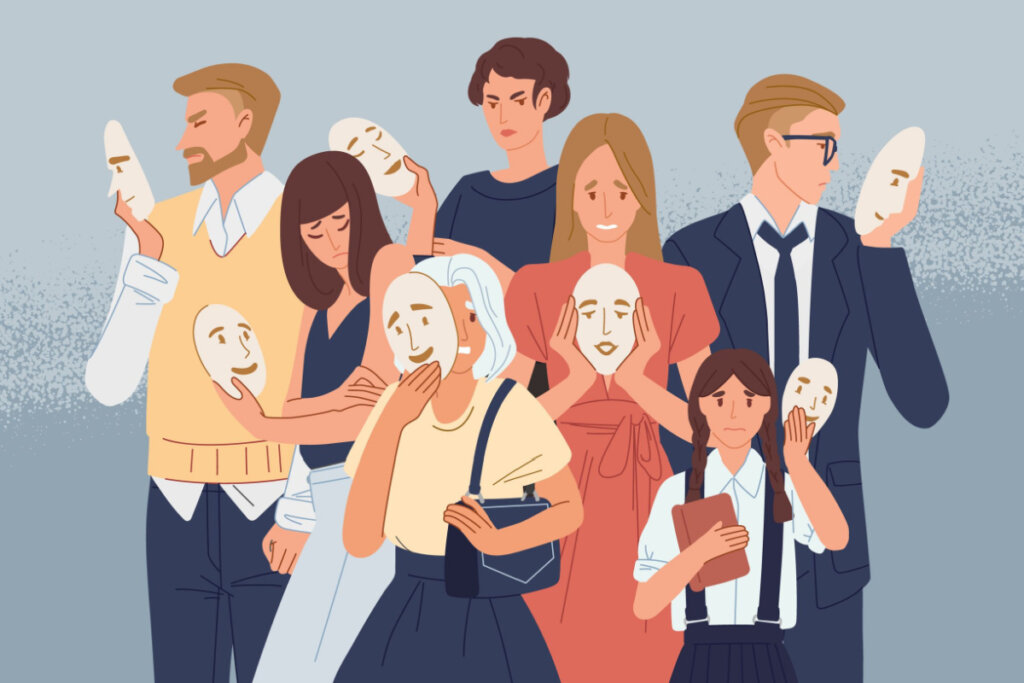 Ilustração de grupo de pessoas cobrindo o rosto com máscaras expressando emoções positivas. Conceito de esconder personalidade ou individualidade
