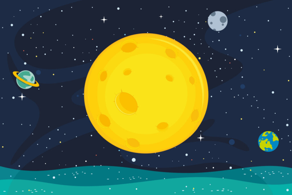 Ilustração de uma Lua amarela com o Universo e planetas ao fundo