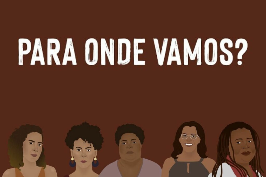 Capa do documentário "Para Onde Vamos?" com a ilustração de quatro mulheres em um fundo marrom