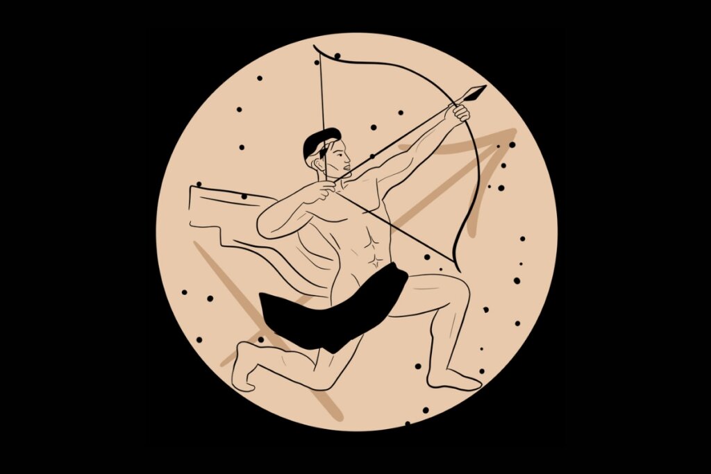 Ilustração de um homem com uma flecha representando o signo de Sagitário em um círculo bege 