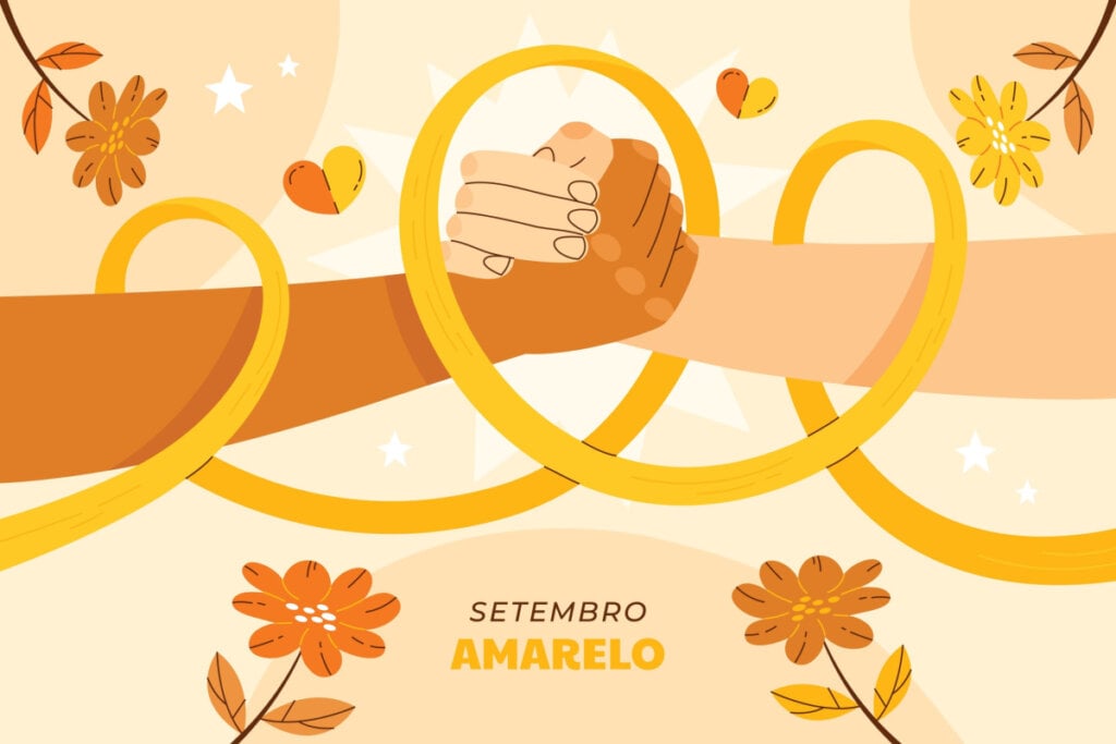 Ilustração de mãos dadas em fundo amarelo. Símbolo do setembro amarelo.