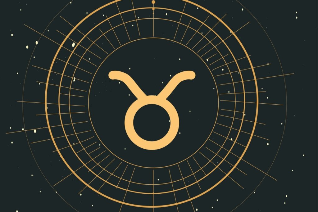 Ilustração do signo de Touro dentro de um círculo dourado com o fundo verde