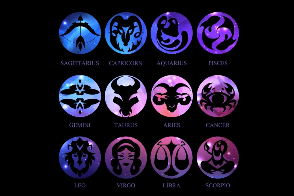 Ilustração dos doze signos do zodiaco em um fundo preto