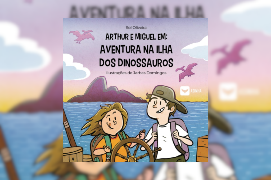 Capa do livro "Arthur e Miguel em aventura na ilha dos dinossauros"