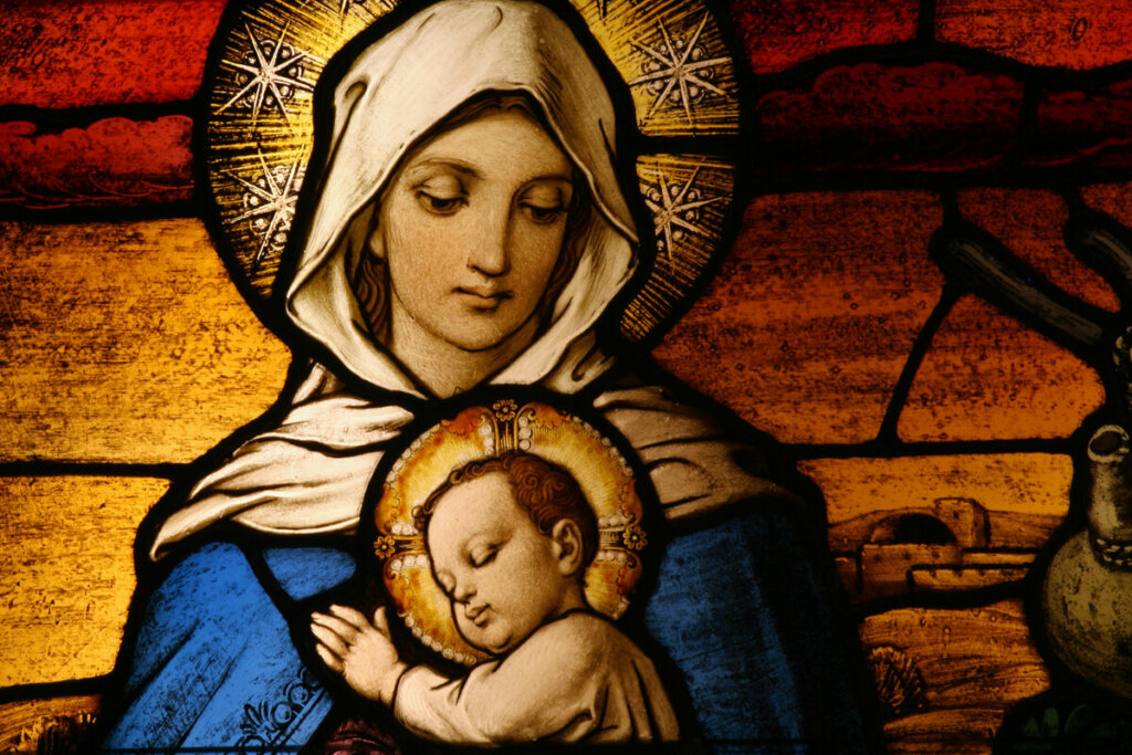 Ilustração de Nossa Senhora do Rosário segurando Jesus Cristo