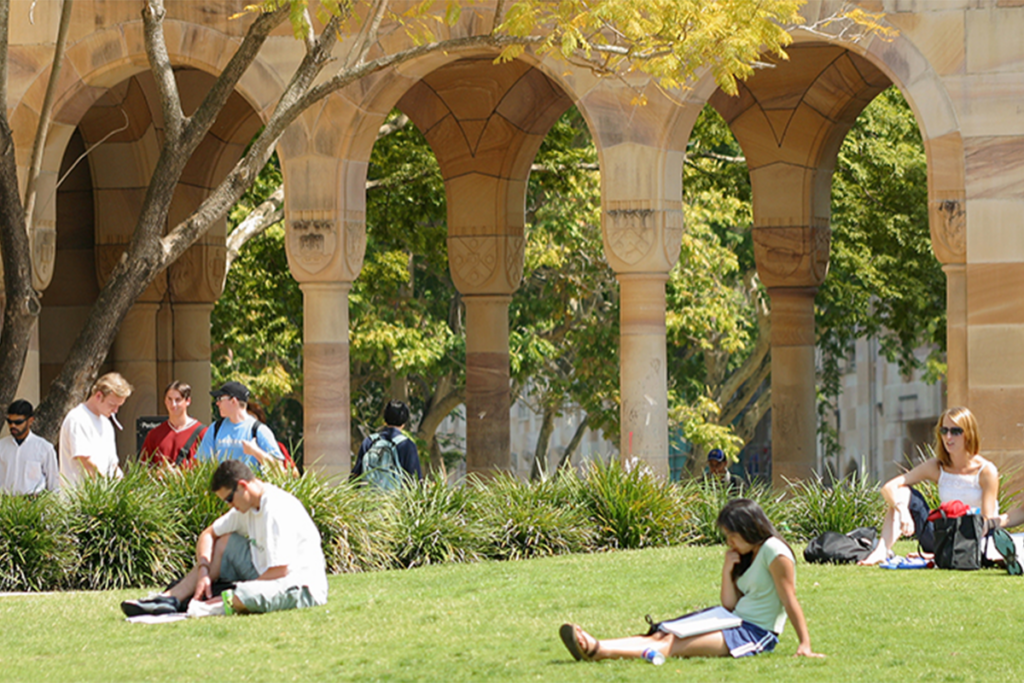 Jovens lendo e conversando, sentados a distância no gramado de uma universidade em um dia de sol