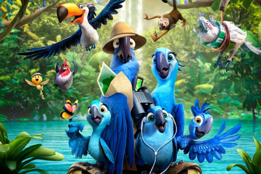 Ilustração de cinco araras azuis em uma selva no filme 'Rio'