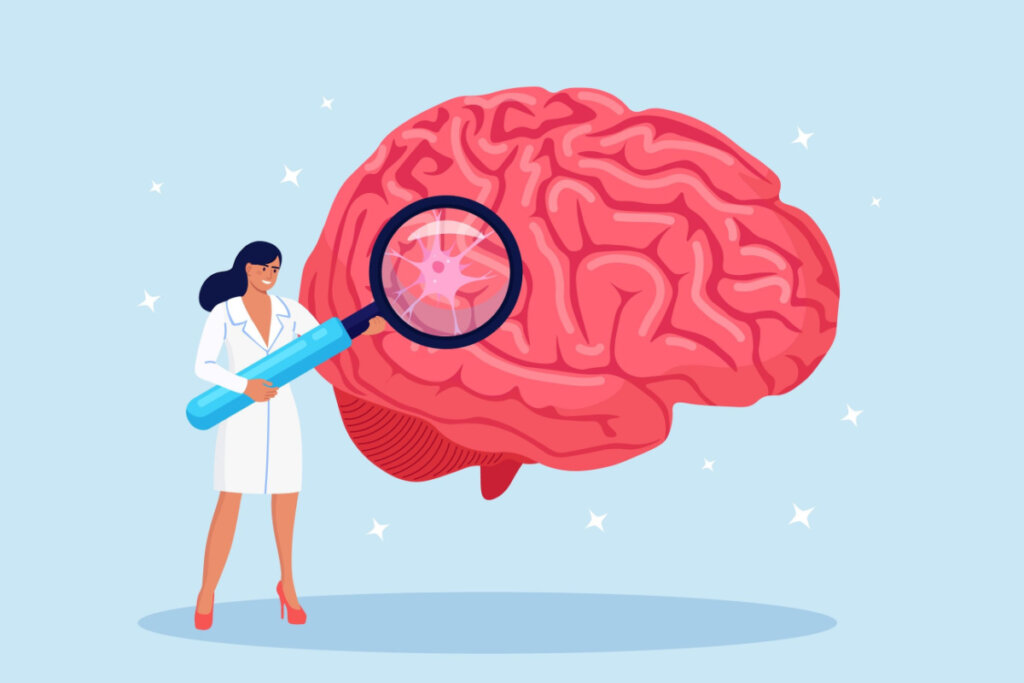 Ilustração de um cérebro sendo analisado por uma médica