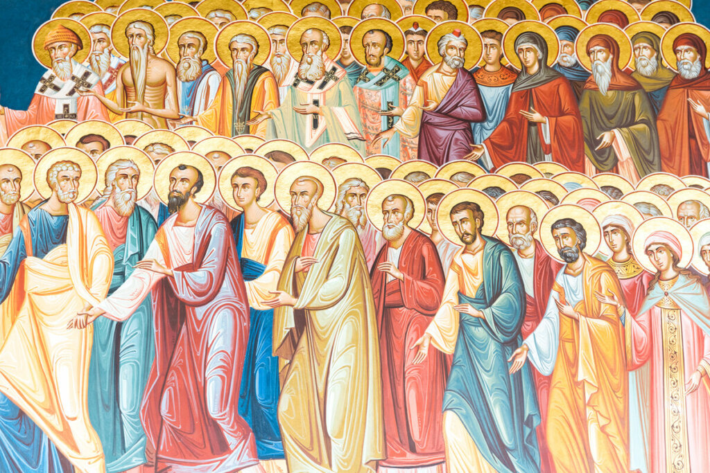 Ilustração de santos em fileiras