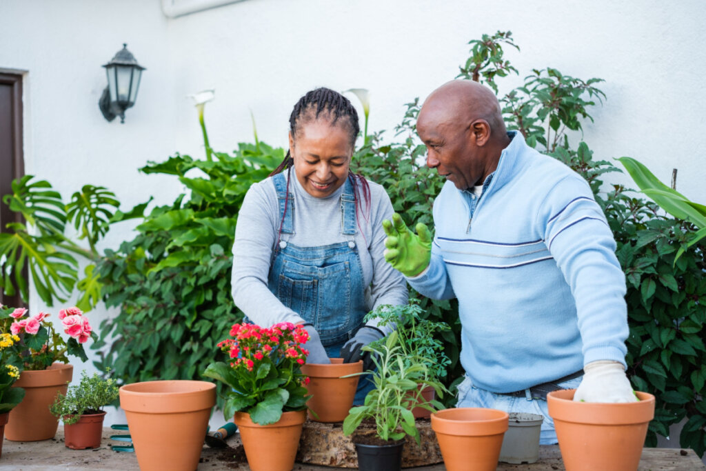 Casal de meia idade fazendo jardinagem juntos