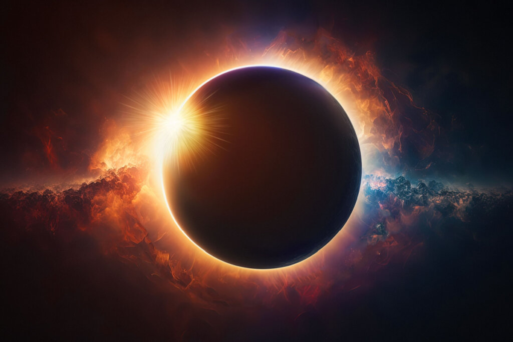 Imagem de um eclipse solar, em que um planeta cobre o sol