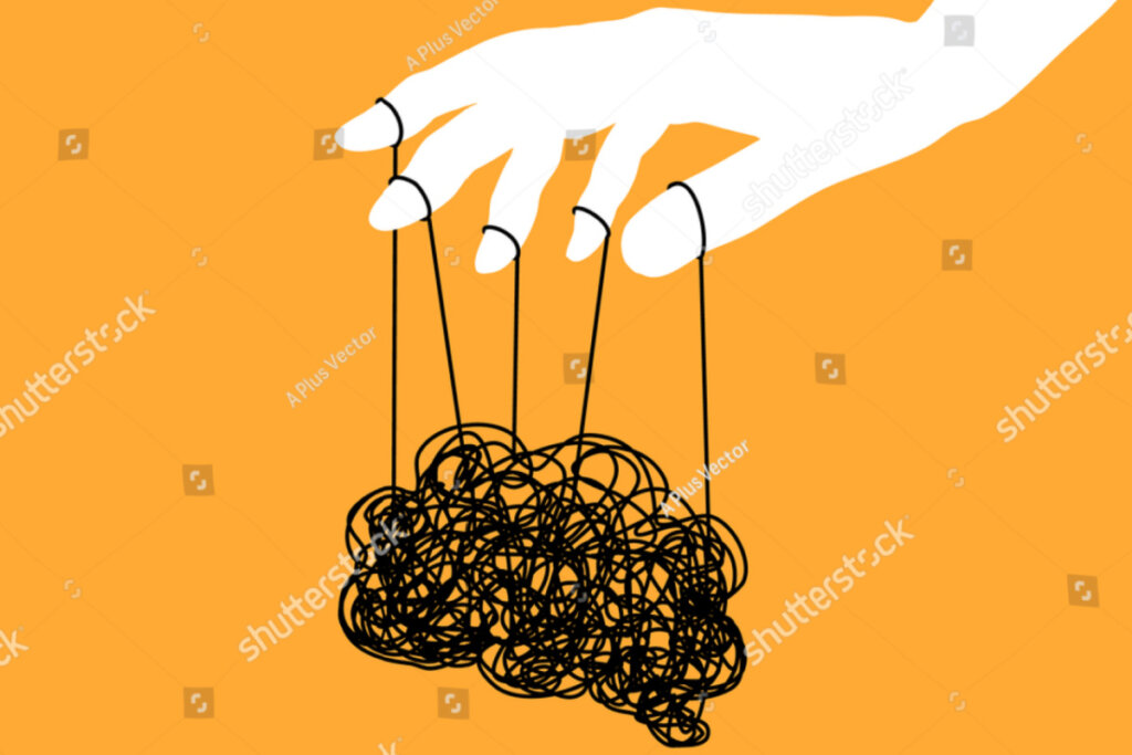 Ilustração de mão branca segurando cérebro por linhas pretas