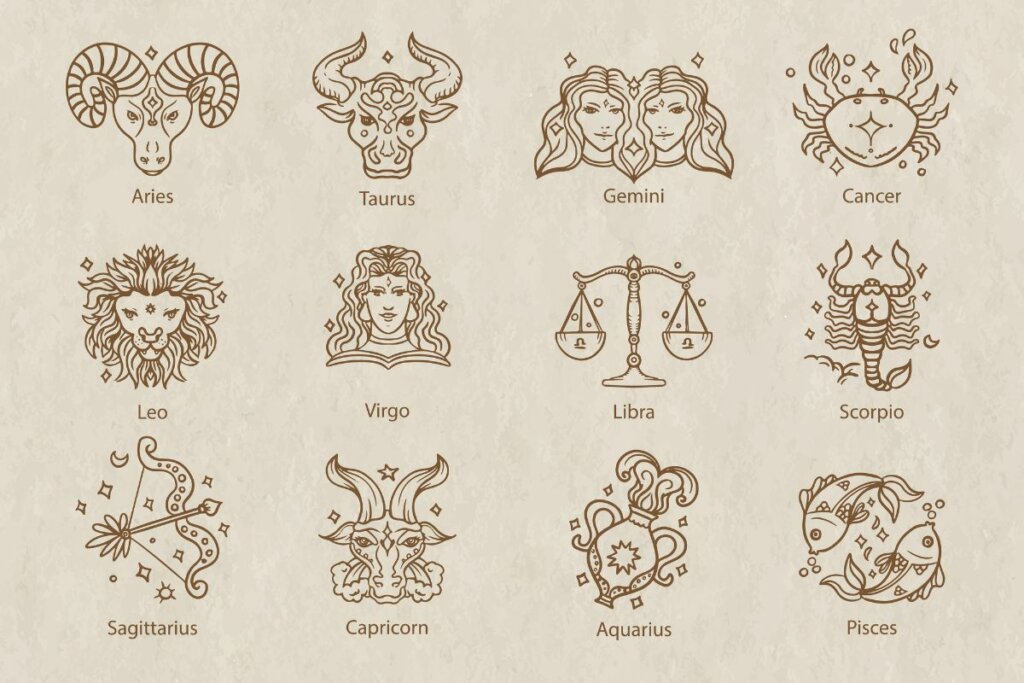 Ilustração dos doze signos do zodíaco em um fundo bege claro