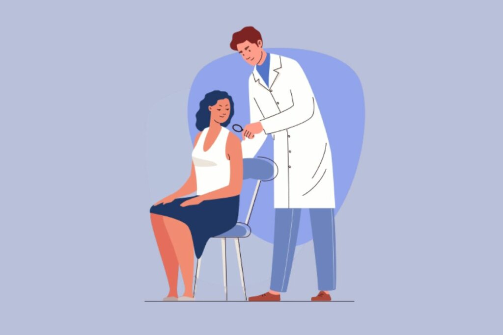 Ilustração de um médico com uma lupa olhando a pele de uma mulher sentada 