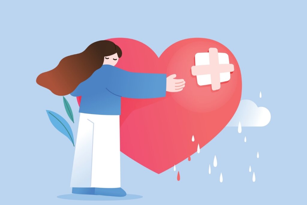 Ilustração de uma mulher abraçando um coração com curativo