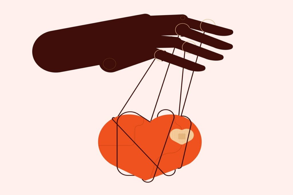 Ilustração de uma mão com um fantoche de coração 