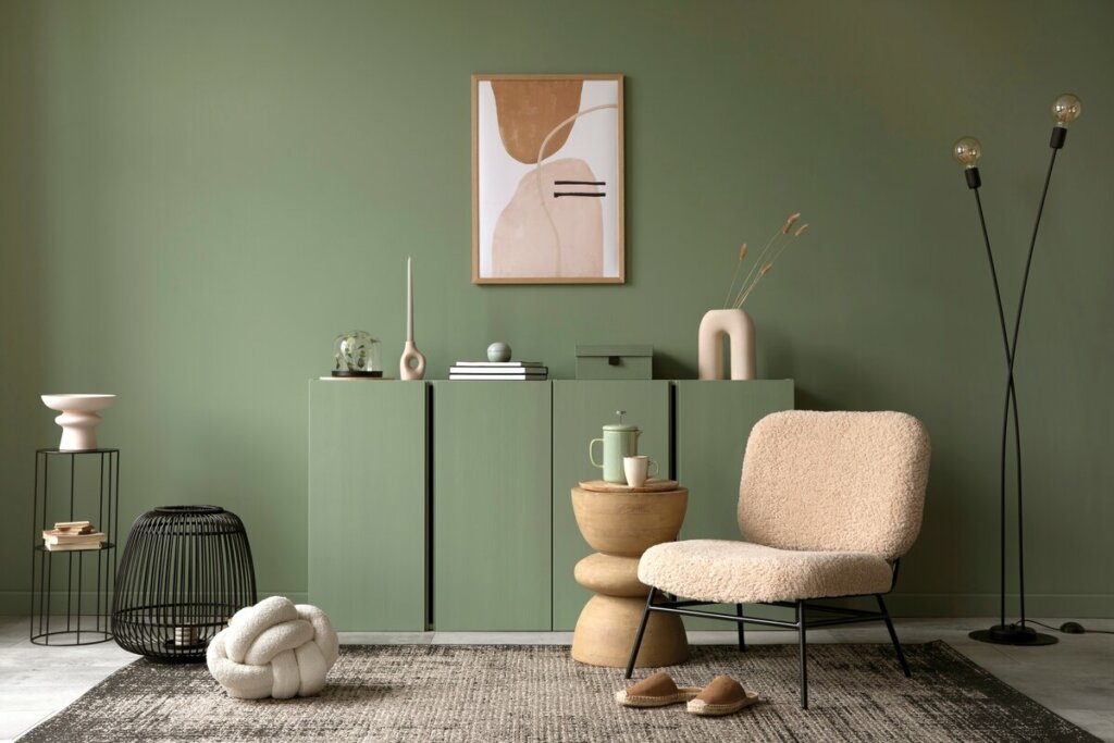 Sala de estar com parede verde e quadro branco pendurado na parede