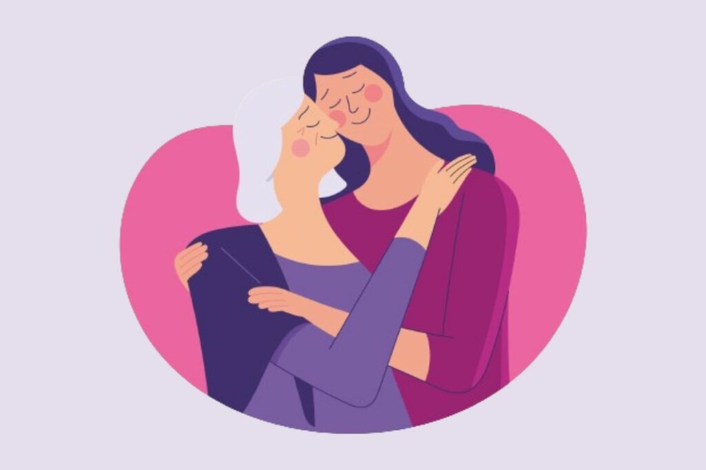 Ilustração de uma mulher de meia-idade e uma mulher jovem se abraçando