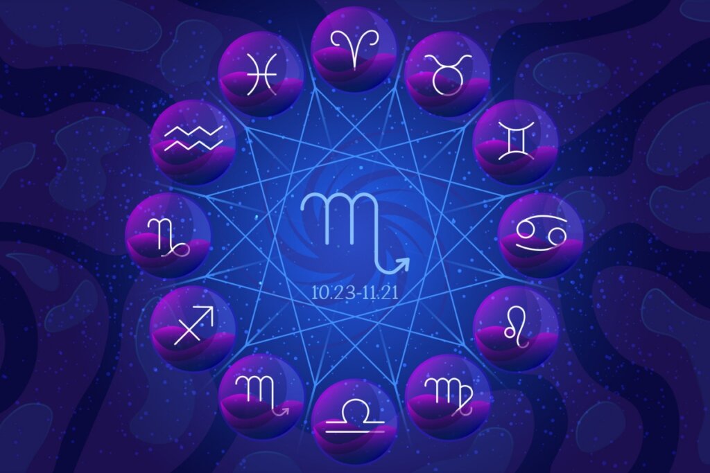 Ilustração do signo de Escorpião dentro de um círculo com os doze signos do zodíaco