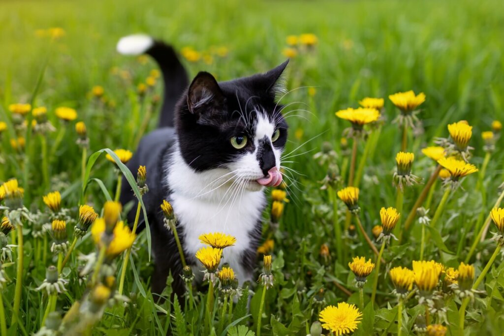 Gato com pelagem preto e branca em um jardim com flores amarelas 