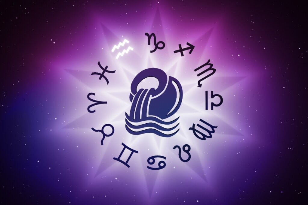 Ilustração do signo de Aquário em um círculo com os doze signos do zodíaco e um fundo roxo