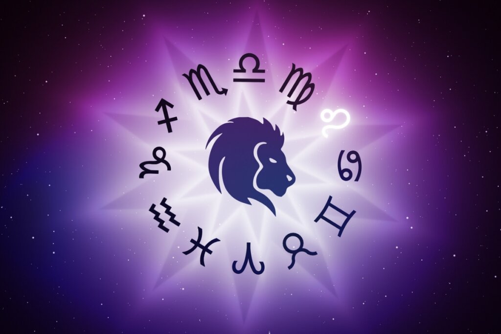 Ilustração do signo de Leão em um círculo com os doze signos do zodíaco e um fundo roxo