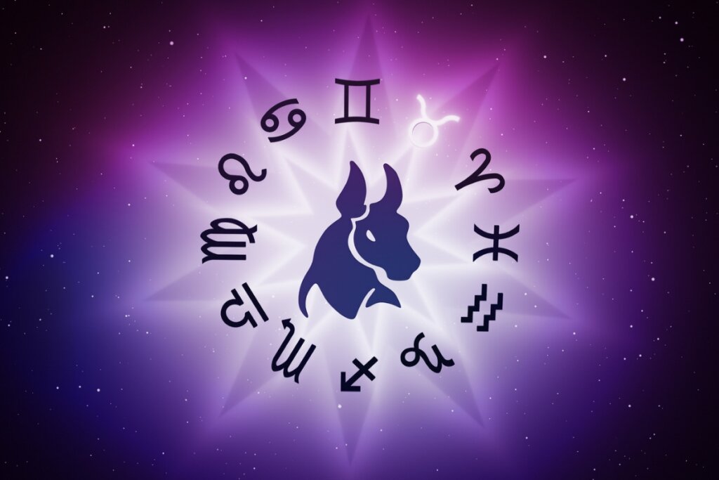 Ilustração do signo de Touro em um círculo com os doze signos do zodíaco e um fundo roxo