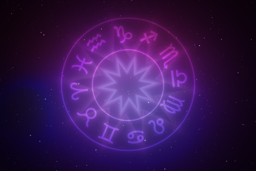 Ilustração de um círculo com fundo roxo com os doze signos do zodíaco