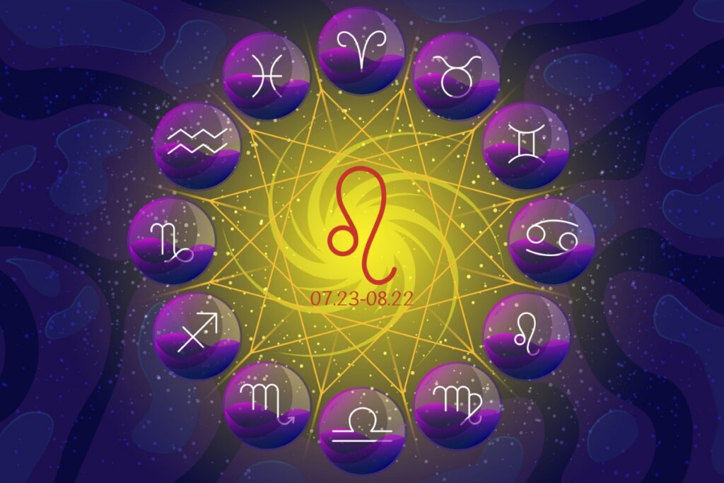 Ilustração do signo de Leão dentro de um círculo com os doze signos do zodíaco